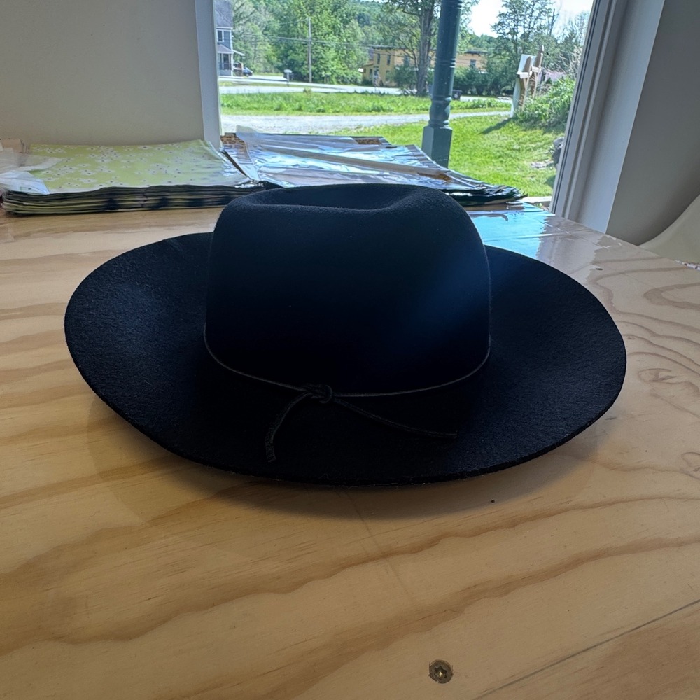 Phenix 100% Wool Wide Brim Fedora Hat Leather Trim One Size Black Classic